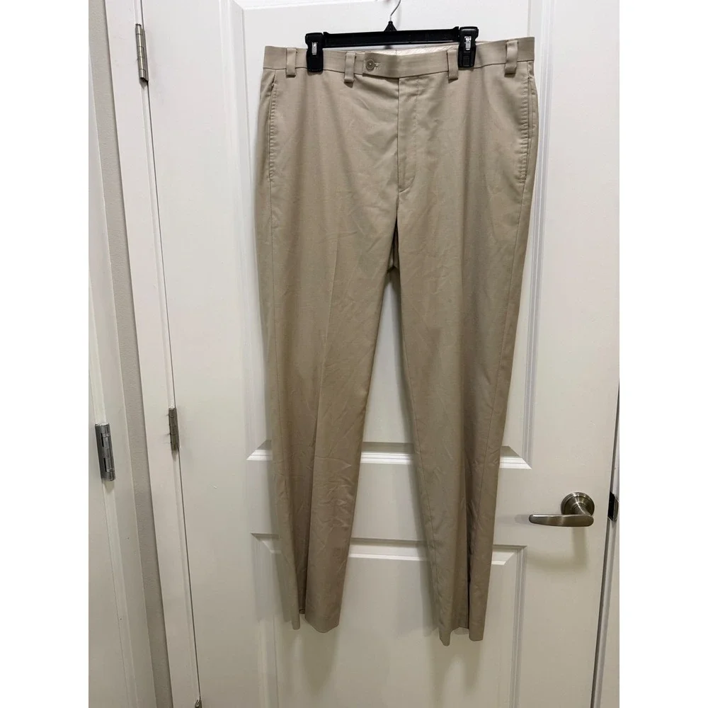 Calvin Klein Mens Khaki Tan Slim Fit Flat Front Dress Pant 36W x 34L Rayon Blend